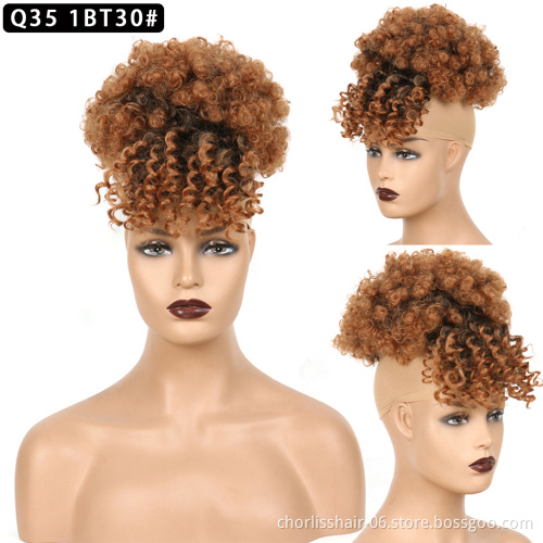 Hot Sale Ombre Chignon With Bangs Kinky Curly Bun Hairpieces Short Afro Fluffy Puff Synthetic Hair Extensions For Black Woman